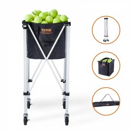 Foldable Tennis Ball Hopper Holds 180 Tennis Balls Lightweight Aluminum Alloy Tennis Ball Basket Cart with Wheels Removable Bag Carry Bag Portable Sports