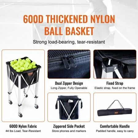 Foldable Tennis Ball Hopper Holds 150 Tennis Balls Lightweight Aluminum Alloy Tennis Ball Basket Cart with Wheels Removable Bag Carry Bag Portable Sports