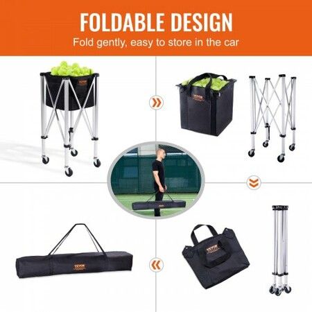 Foldable Tennis Ball Hopper Holds 150 Tennis Balls Lightweight Aluminum Alloy Tennis Ball Basket Cart with Wheels Removable Bag Carry Bag Portable Sports