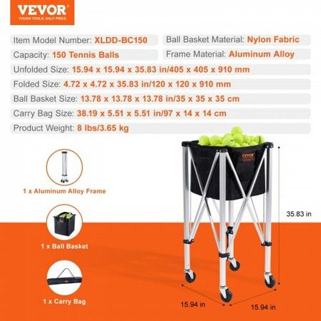 Foldable Tennis Ball Hopper Holds 150 Tennis Balls Lightweight Aluminum Alloy Tennis Ball Basket Cart with Wheels Removable Bag Carry Bag Portable Sports