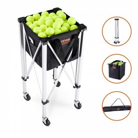 Foldable Tennis Ball Hopper Holds 150 Tennis Balls Lightweight Aluminum Alloy Tennis Ball Basket Cart with Wheels Removable Bag Carry Bag Portable Sports