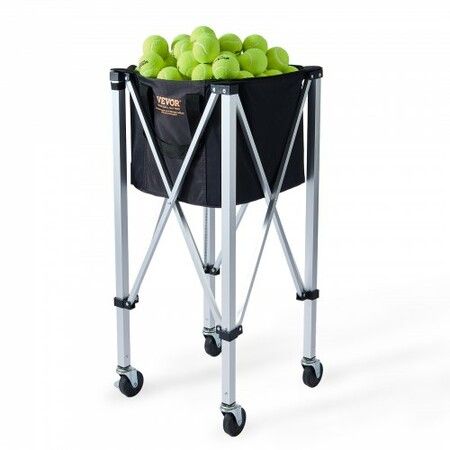 Foldable Tennis Ball Hopper Holds 150 Tennis Balls Lightweight Aluminum Alloy Tennis Ball Basket Cart with Wheels Removable Bag Carry Bag Portable Sports