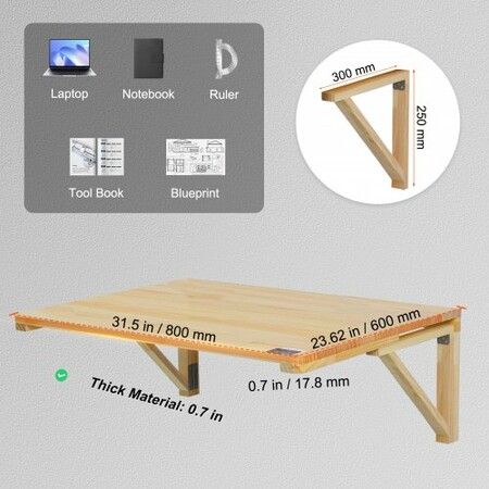 Wall Mounted Folding Table 800 x 600 mm Wall Mount Drop Leaf Table Wooden Floating Desk with Iron Bracket Fold Down Desk for Small Spaces Home