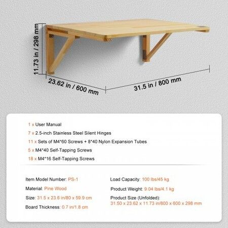 Wall Mounted Folding Table 800 x 600 mm Wall Mount Drop Leaf Table Wooden Floating Desk with Iron Bracket Fold Down Desk for Small Spaces Home