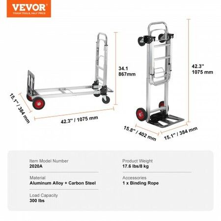 Aluminum Hand Truck 2 in 1 181 kg Max Load Capacity Heavy Duty Industrial Convertible Folding Hand Truck and Dolly Utility Cart Converts from Hand Truck