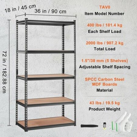 Storage Shelving Unit 5-Tier Adjustable 907 kg Capacity Heavy Duty Garage Shelves Metal Organizer Utility Rack Black 90L x 45W x 183H cm