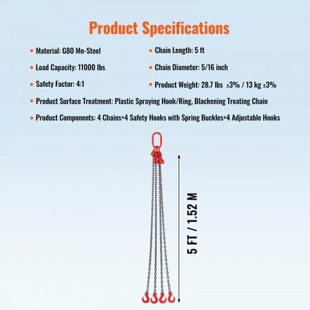 Chain Sling 4990 kg Weight Capacity 7.9 mm x 1.5 m G80 Lifting Chain with Grab Hooks DOT Certified Blackening Coating Manganese Steel & Adjustable Length