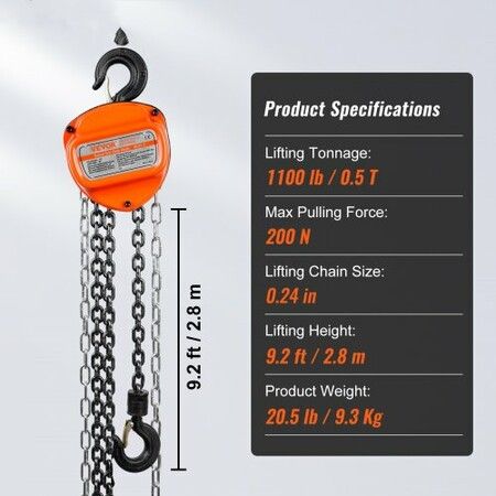 Manual Chain Hoist 1/2 Ton 1100 lbs Capacity 10 FT Come Along G80 Galvanized Carbon Steel with Double-Pawl Brake Auto Chain Leading & 360 degree Rotation