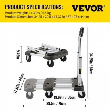 Platform Truck Foldable Compact Platform Cart Adjustable Length Aluminum Folding Cart Telescoping Handle with 4 Wheels 330 LBS Capacity