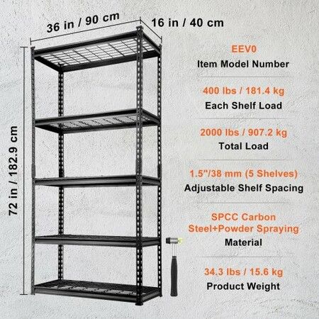 Storage Shelving Unit 5-Tier Adjustable 907 kg Capacity Heavy Duty Garage Shelves Metal Organizer Wire Rack Black 90 x 40 x 182.9 cm for Kitchen Pantry