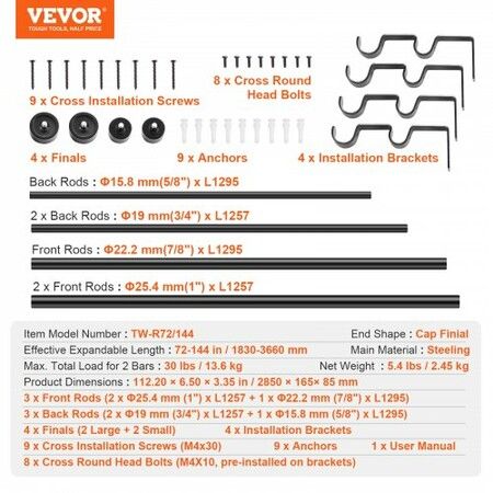 Double Rod Curtain Rods 72-144 inches(6-12ft) Adjustable Length Black Double Curtain Rods with Cap Finials 1" and 3/4" Diameter Double Window Drapery Rod