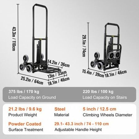 Stair Climbing Cart Heavy-Duty Hand Truck Dolly 170 kg Load Capacity Foldable Stair Climber Hand Trucks with Adjustable Handle All Terrain Cart