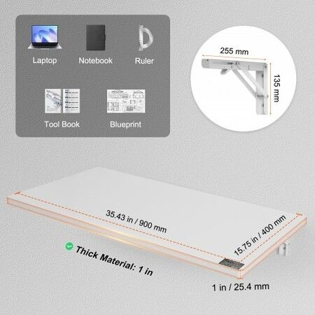 Wall Mounted Folding Table 900 x 500 mm Wall Mount Drop Leaf Table Floating Desk with Iron Bracket Fold Down Desk for Small Spaces Home Office Dining