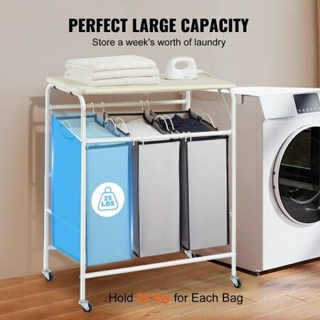 3-Section Laundry Sorter Cart with Ironing Board Laundry Hamper with Heavy Duty Lockable Wheels and 3 Removable Bag Rolling Laundry Basket Sorter