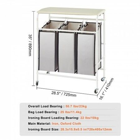 3-Section Laundry Sorter Cart with Ironing Board Laundry Hamper with Heavy Duty Lockable Wheels and 3 Removable Bag Rolling Laundry Basket Sorter