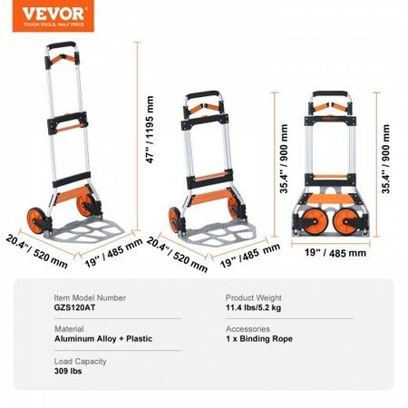 Folding Hand Truck 140 kg Load Capacity Aluminum Portable Cart Convertible Hand Truck and Dolly with Telescoping Handle and PP+TPR Wheels Ultra Lightweight