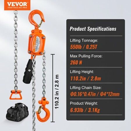 Manual Lever Chain Hoist 1/4 Ton 550 lbs Capacity 10 FT Come Along G80 Galvanized Carbon Steel with Weston Double-Pawl Brake Auto Chain Leading