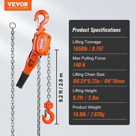 Manual Lever Chain Hoist 3/4 Ton 1650 lbs Capacity 10 FT Come Along G80 Galvanized Carbon Steel with Weston Double-Pawl Brake Auto Chain Leading