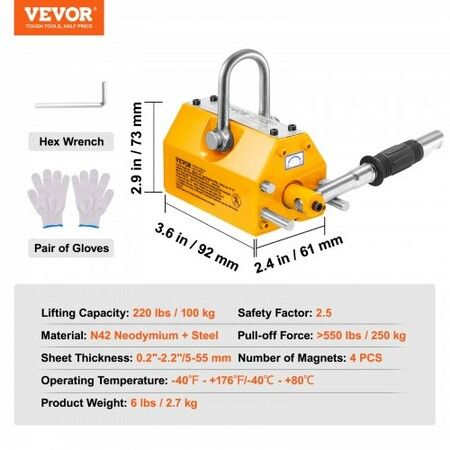 Permanent Magnetic Lifter Lifting Magnet 220 lbs/100 kg Neodymium Hoist