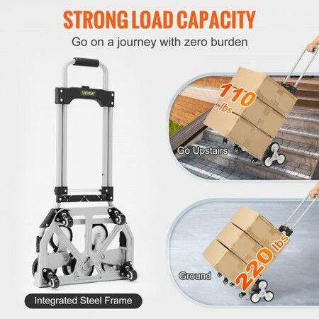 Stair Climbing Cart 100 kg Load Capacity Foldable Hand Truck with 82-116cm Adjustable Handle Height 4 Universal Wheels & 2 Elastic Ropes Multipurpose Dolly