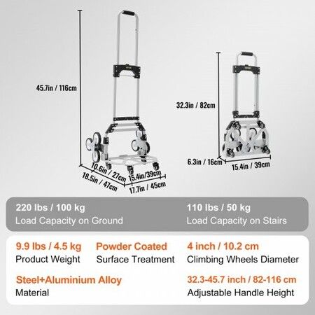 Stair Climbing Cart 100 kg Load Capacity Foldable Hand Truck with 82-116cm Adjustable Handle Height 4 Universal Wheels & 2 Elastic Ropes Multipurpose Dolly