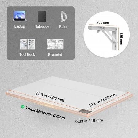 Wall Mounted Folding Table 800 x 500 mm Wall Mount Drop Leaf Table Floating Desk with Iron Bracket Fold Down Desk for Small Spaces Home Office Dining