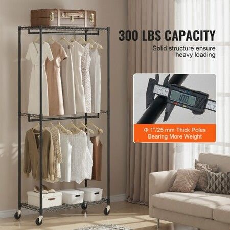 Heavy Duty Clothes Rack Double Hanging Rods Clothing Garment Rack with Bottom and Top Storage Tier Rolling Clothing Rack for Hanging Clothes Thicken Steel