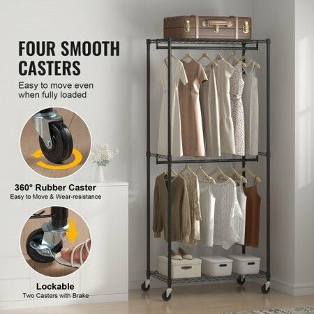 Heavy Duty Clothes Rack Double Hanging Rods Clothing Garment Rack with Bottom and Top Storage Tier Rolling Clothing Rack for Hanging Clothes Thicken Steel