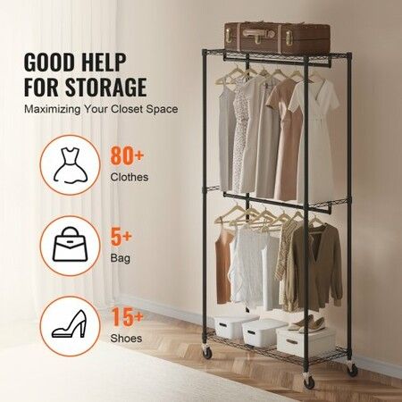 Heavy Duty Clothes Rack Double Hanging Rods Clothing Garment Rack with Bottom and Top Storage Tier Rolling Clothing Rack for Hanging Clothes Thicken Steel