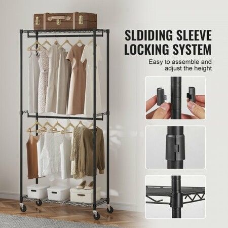 Heavy Duty Clothes Rack Double Hanging Rods Clothing Garment Rack with Bottom and Top Storage Tier Rolling Clothing Rack for Hanging Clothes Thicken Steel