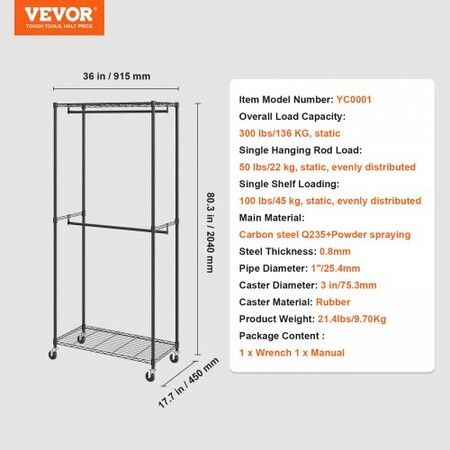 Heavy Duty Clothes Rack Double Hanging Rods Clothing Garment Rack with Bottom and Top Storage Tier Rolling Clothing Rack for Hanging Clothes Thicken Steel