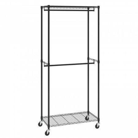 Heavy Duty Clothes Rack Double Hanging Rods Clothing Garment Rack with Bottom and Top Storage Tier Rolling Clothing Rack for Hanging Clothes Thicken Steel