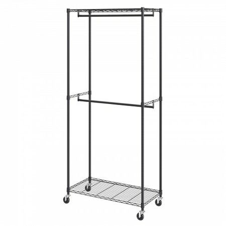 Heavy Duty Clothes Rack Double Hanging Rods Clothing Garment Rack with Bottom and Top Storage Tier Rolling Clothing Rack for Hanging Clothes Thicken Steel