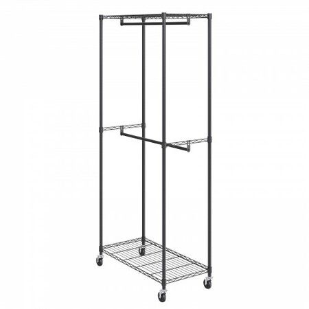 Heavy Duty Clothes Rack Double Hanging Rods Clothing Garment Rack with Bottom and Top Storage Tier Rolling Clothing Rack for Hanging Clothes Thicken Steel