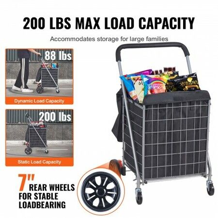 Folding Shopping Cart 200 lbs Max Load Capacity Grocery Utility Cart with Rolling Swivel Wheels and Bag Heavy Duty Foldable Laundry Basket Trolley Compact