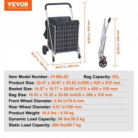 Folding Shopping Cart 200 lbs Max Load Capacity Grocery Utility Cart with Rolling Swivel Wheels and Bag Heavy Duty Foldable Laundry Basket Trolley Compact