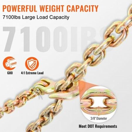 Transport Binder Chain 220 kg Working Load Limit 3/8'' x 20' G80 Tow Chain Tie Down with Grab Hooks DOT Certified Galvanized Coating Manganese Steel