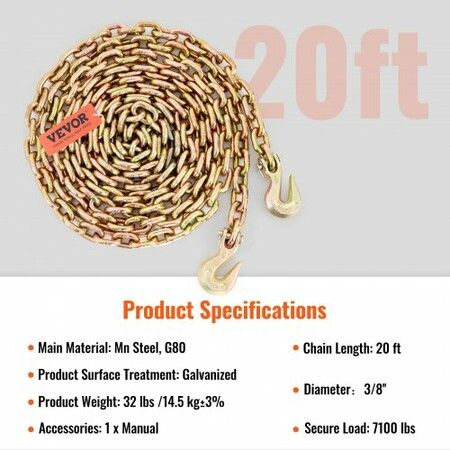 Transport Binder Chain 220 kg Working Load Limit 3/8'' x 20' G80 Tow Chain Tie Down with Grab Hooks DOT Certified Galvanized Coating Manganese Steel