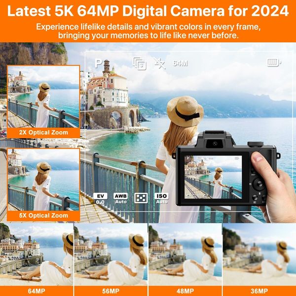 5K Digital Camera 5X Optical Zoom Cameras,64MP Front and Rear Dual Cameras and 3.2In Touch Screen,6-Axis Stabilization Vlogging Camera,64G TF Card