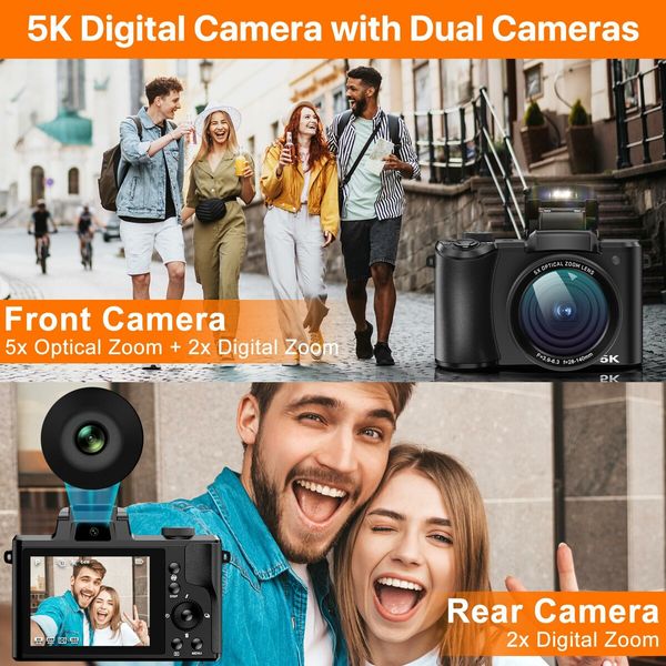 5K Digital Camera 5X Optical Zoom Cameras,64MP Front and Rear Dual Cameras and 3.2In Touch Screen,6-Axis Stabilization Vlogging Camera,64G TF Card