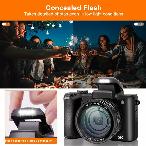 5K Digital Camera 5X Optical Zoom Cameras,64MP Front and Rear Dual Cameras and 3.2In Touch Screen,6-Axis Stabilization Vlogging Camera,64G TF Card