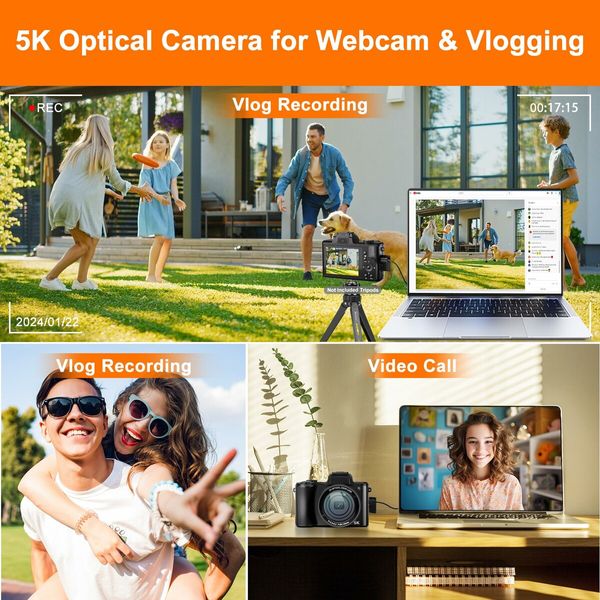 5K Digital Camera 5X Optical Zoom Cameras,64MP Front and Rear Dual Cameras and 3.2In Touch Screen,6-Axis Stabilization Vlogging Camera,64G TF Card