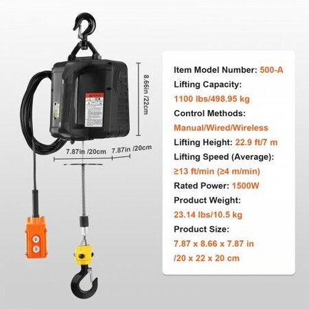 3-in-1 Electric Hoist Winch 500 kg Capacity 1500W Portable Power Winch Crane 7 m Lifting Height 4 m/min with Wired and Wireless Remote Control for Garage