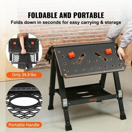 Folding Work Table 2-in-1 as Sawhorse & Workbench 454 kg Capacity 7 Adjustable Heights Steel Legs Portable Foldable Tool Stand with Wood Clamp 4 Bench Dogs