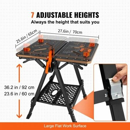 Folding Work Table 2-in-1 as Sawhorse & Workbench 454 kg Capacity 7 Adjustable Heights Steel Legs Portable Foldable Tool Stand with Wood Clamp 4 Bench Dogs