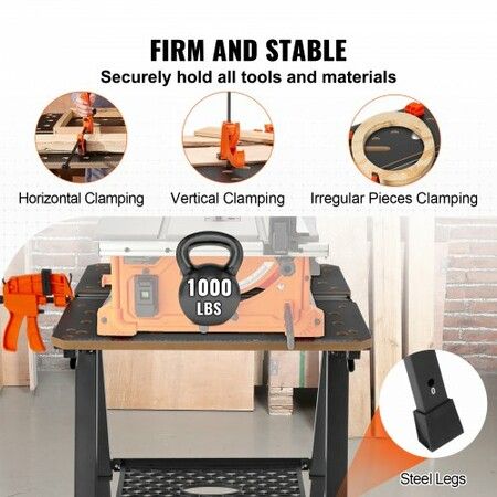 Folding Work Table 2-in-1 as Sawhorse & Workbench 454 kg Capacity 7 Adjustable Heights Steel Legs Portable Foldable Tool Stand with Wood Clamp 4 Bench Dogs