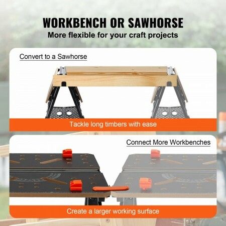 Folding Work Table 2-in-1 as Sawhorse & Workbench 454 kg Capacity 7 Adjustable Heights Steel Legs Portable Foldable Tool Stand with Wood Clamp 4 Bench Dogs