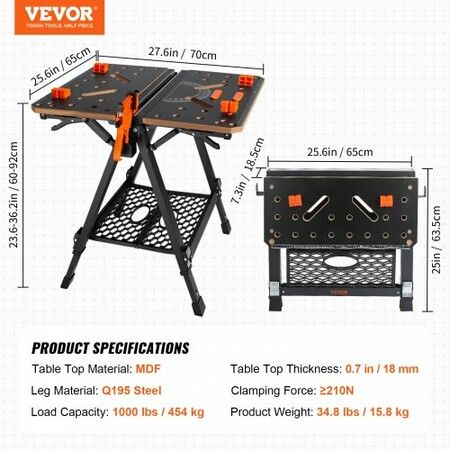 Folding Work Table 2-in-1 as Sawhorse & Workbench 454 kg Capacity 7 Adjustable Heights Steel Legs Portable Foldable Tool Stand with Wood Clamp 4 Bench Dogs