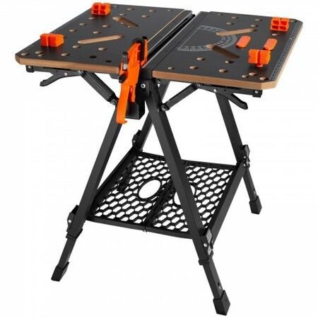 Folding Work Table 2-in-1 as Sawhorse & Workbench 454 kg Capacity 7 Adjustable Heights Steel Legs Portable Foldable Tool Stand with Wood Clamp 4 Bench Dogs