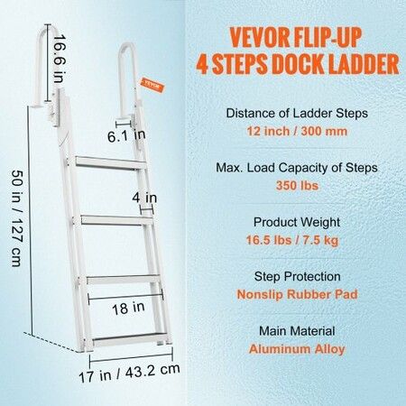 Dock Ladder Flip Up 4 Steps 159kgs Load Capacity Aluminum Pontoon Boat Ladder with 4" Wide Step & Nonslip Rubber MatSwimm Step Ladder